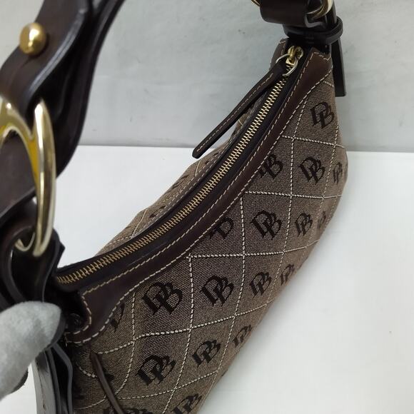 Dooney & Bourke Brown Canvas Leather Trim DB Printed Zipper Hobo Shoulder Bag - Picture 8 of 16